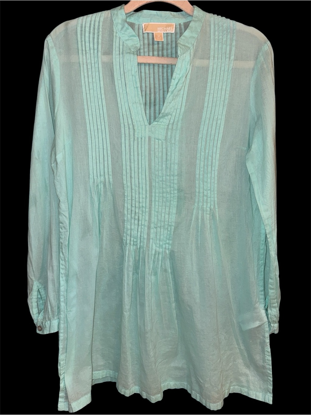 Michael by Michael Kors Women’s Teal Blue Pintuck V-Neck Cotton Tunic Top Sz M